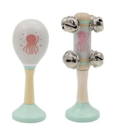 CALM & BREEZY OCTOPUS WOODEN MARACA & BELL STICK SET - Dosylane