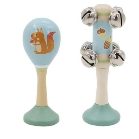 CALM & BREEZY SQUIRREL WOODEN MARACA & BELL STICK SET - Dosylane