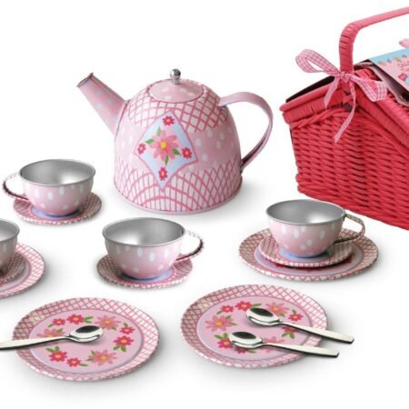 FLORAL TIN TEA SET IN PICNIC BASKET 18PCS - Dosylane