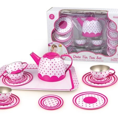 PINK POLKA DOT TIN TEA SET 15PC - Dosylane