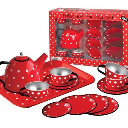 RED POLKA DOT BLACK TRIM TIN TEA SET 15PCS - Dosylane